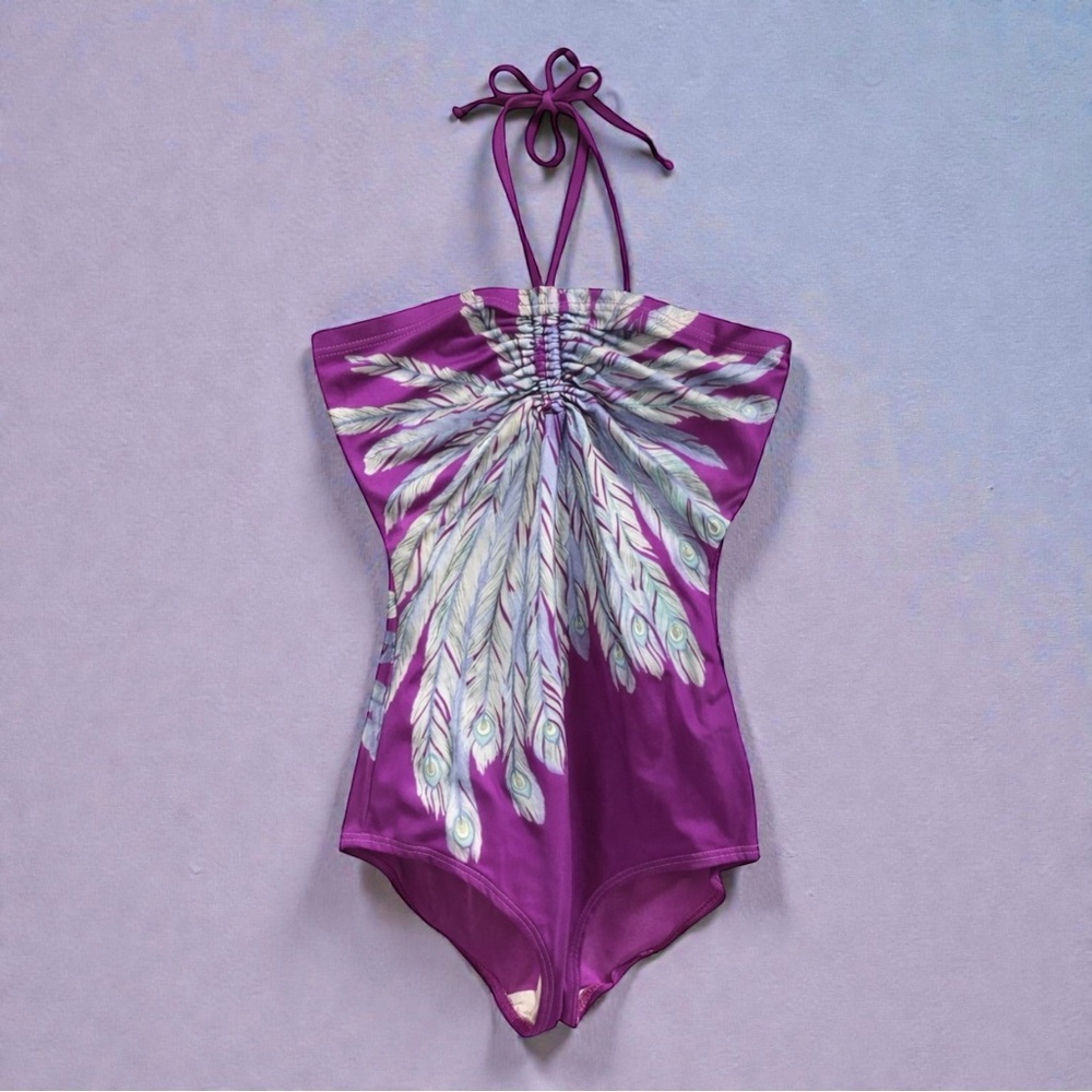 Vintage One Piece Swimsuit Purple Peacock Tie Size 12 Rose Marie Reid🩱